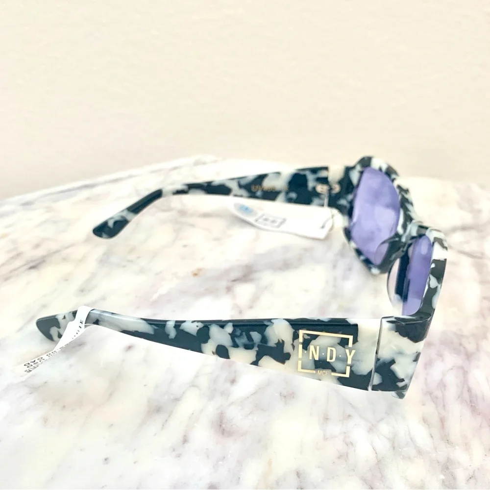 INDY Maui Sunglasses in Black White Marble Tortoise Blue Lens Anthropologie - Picture 13 of 16